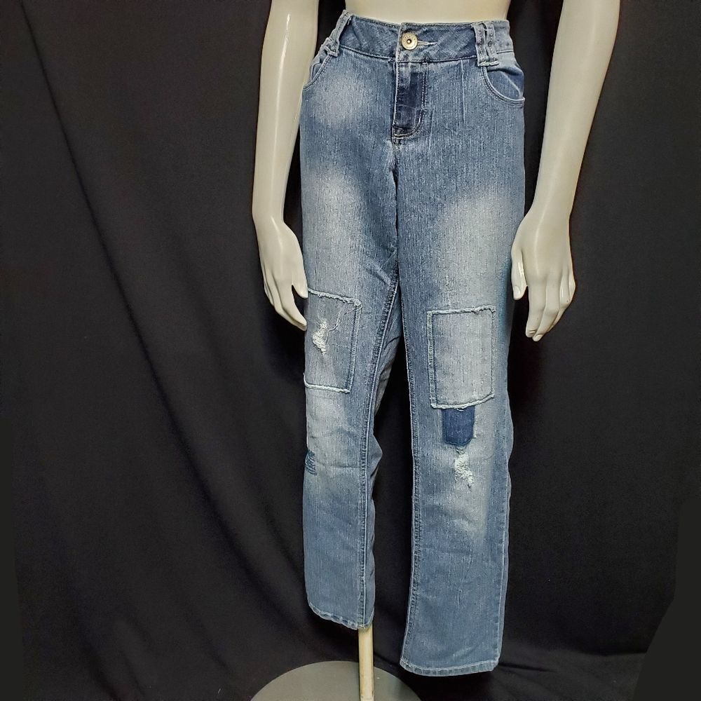lei Women's Skinny Jeans - Medium Blue Distressed Patchwork